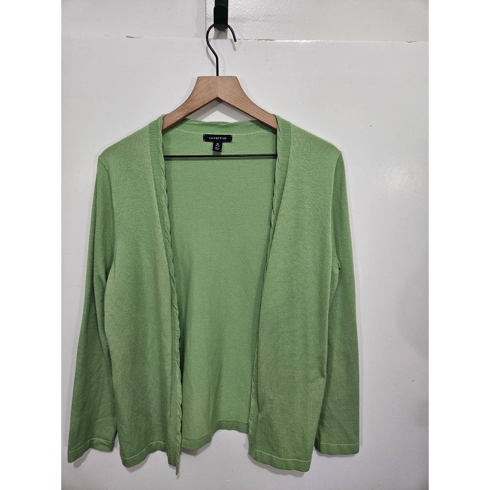 Lands End Womens Medium Green Open Front Cardigan Cable Trim Preppy Sweater